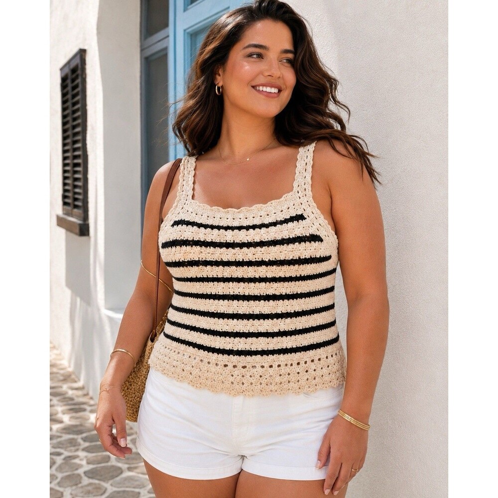 Madewell Crochet‎ Sweater Tank Top Womens XL Stitch Cotton Striped Square Neck